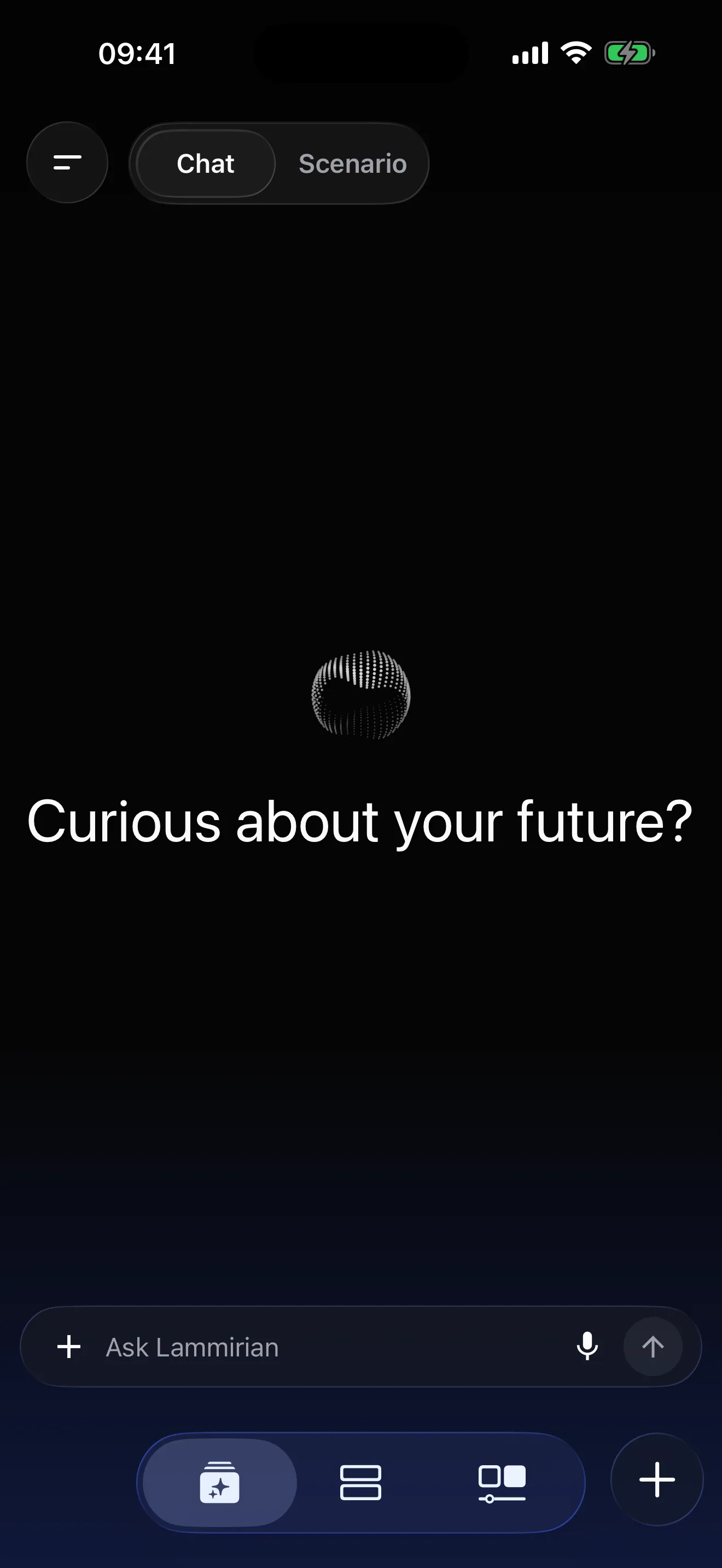 Assistant screen with a Chat and Scenario toggle, a dotted orb, the prompt 'Curious about your future?', and an 'Ask Lammirian' composer with a mic button